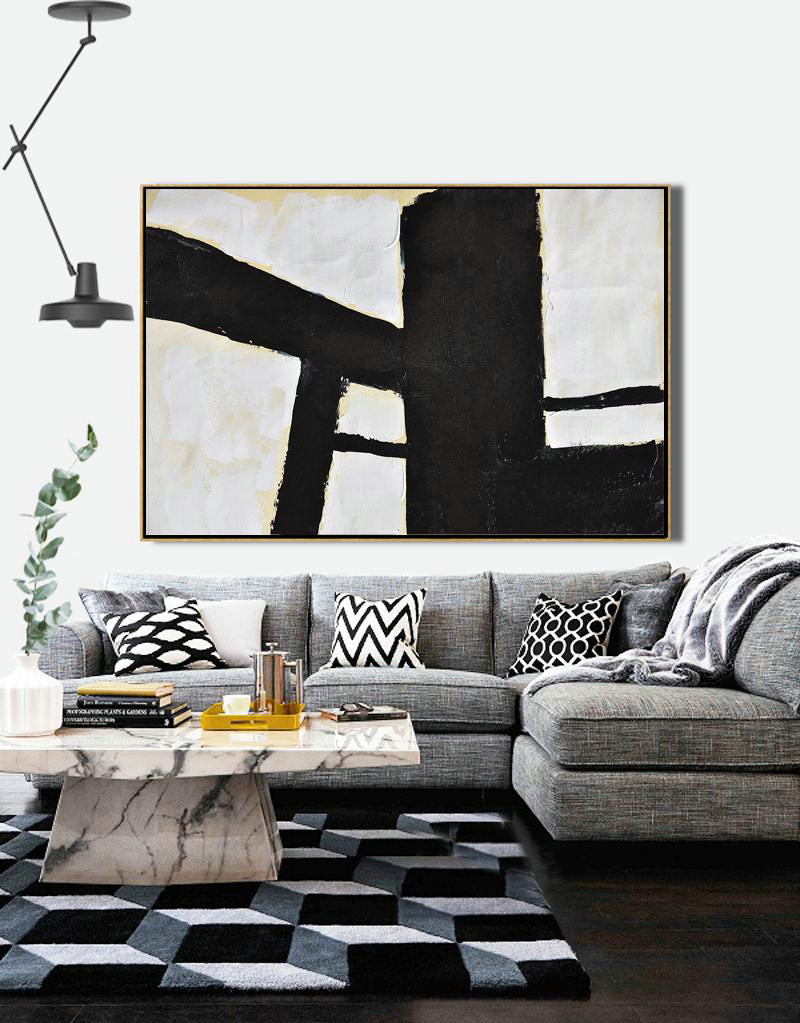 Abstract Art Decor Large Canvas Painting,Horizontal Palette Knife Minimal Canvas Art Painting Black White Beige - Canvas Wall Art Home Decor